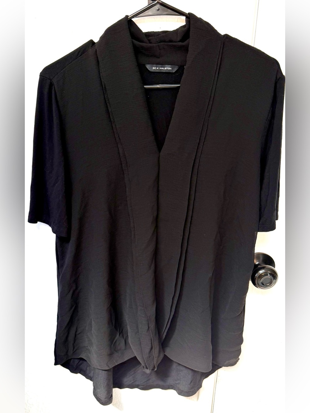 H by Halston Black Short-Sleeve Draped Shirt Size Small